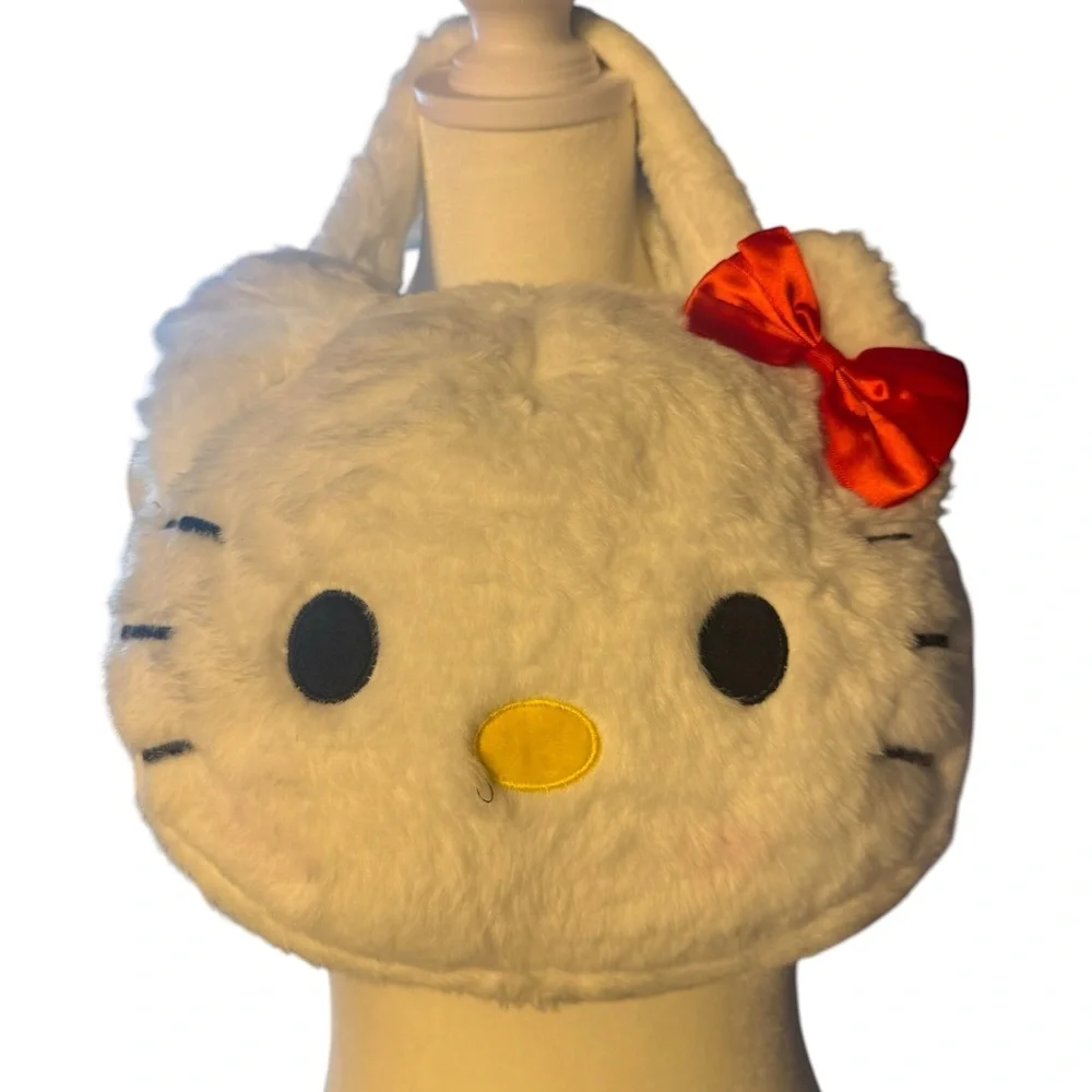 Sanrio White Plush Hello Kitty Crossbody Bag with Red Bow and Yellow Nose